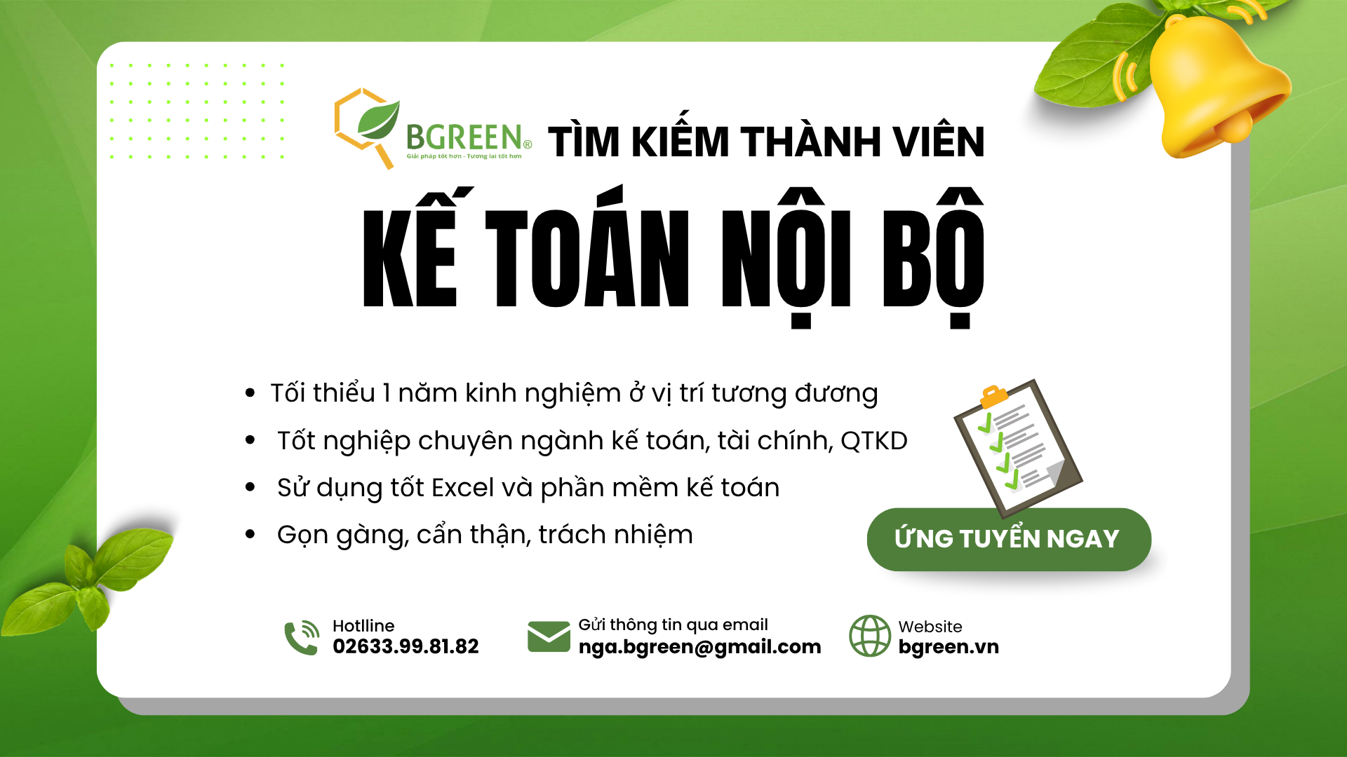 Yên cầu vị trí kế toán nội bộ (kiêm thu mua)