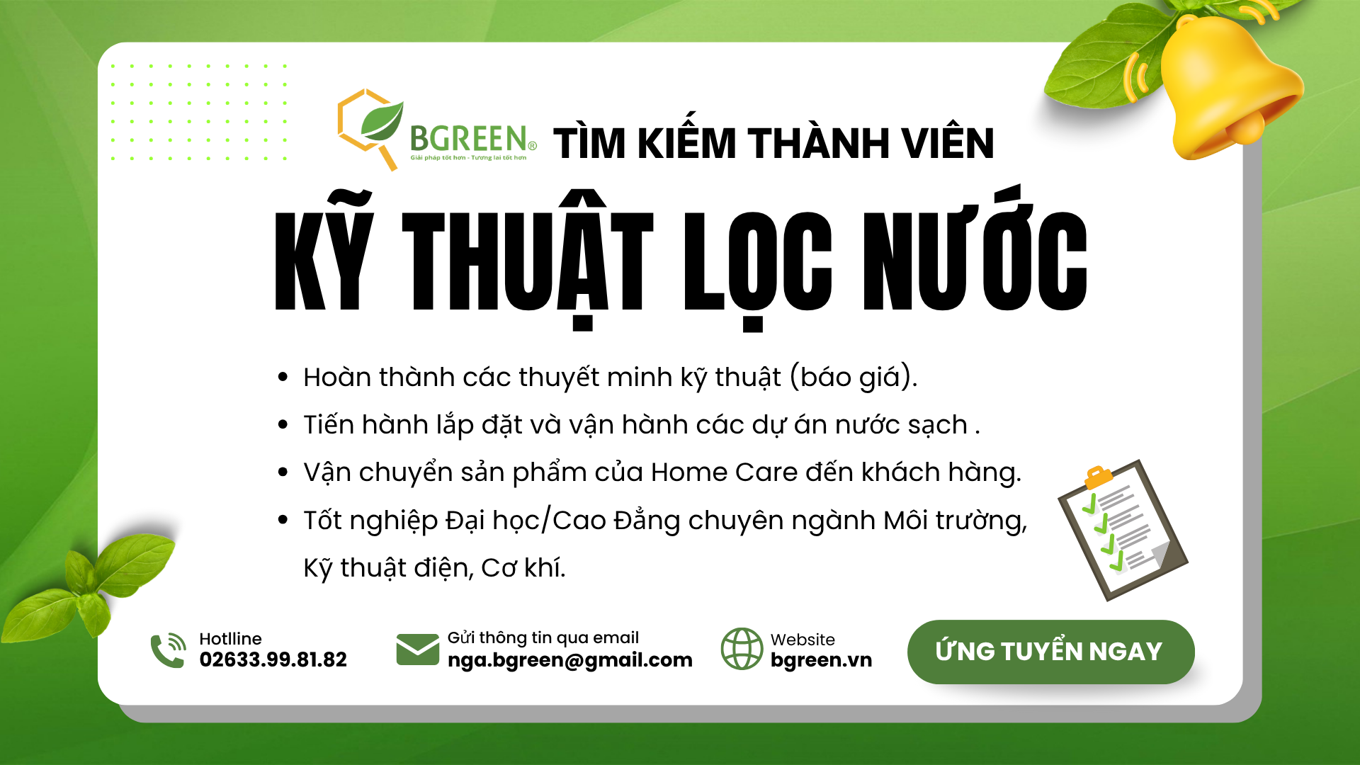 Yên cầu vị trí kỹ thuật lọc nước